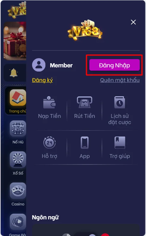 Chọn đăng nhập tại trang chủ của Vi68