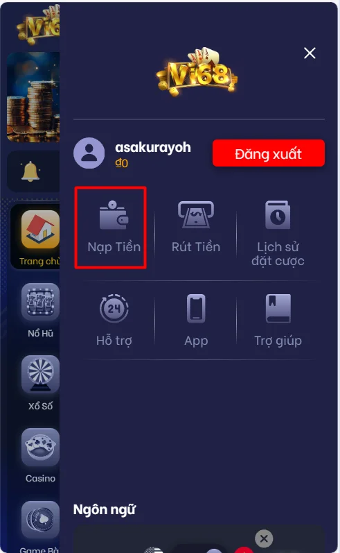 Chọn nạp tiền ở giao diện tài khoản cá nhân trong Vi68