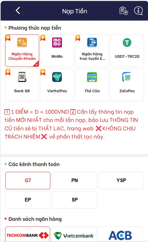 Chọn phương thức nạp tiền tại Vi68