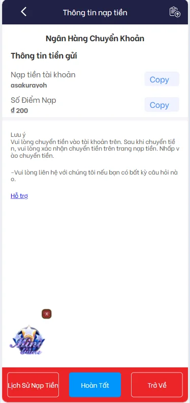 Hoàn tất nạp tiền Vi68 