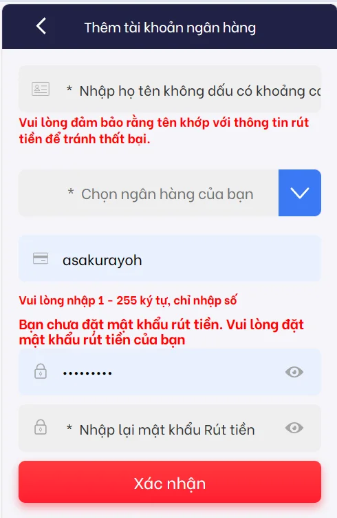 Thêm thẻ ngân hàng để tiến hành rút tiền Vi68